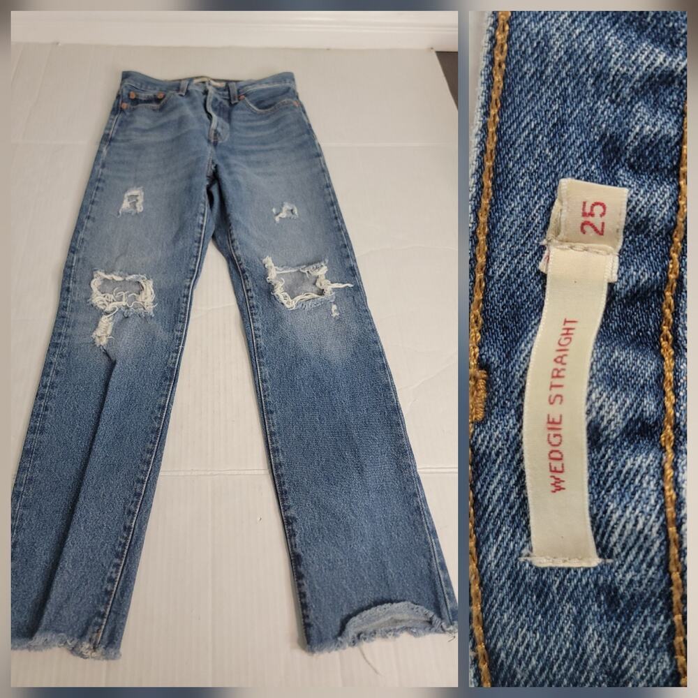 Levis Premium Jean 25 Wedgie Straight High Rise Button Fly Fray Distressed Big E